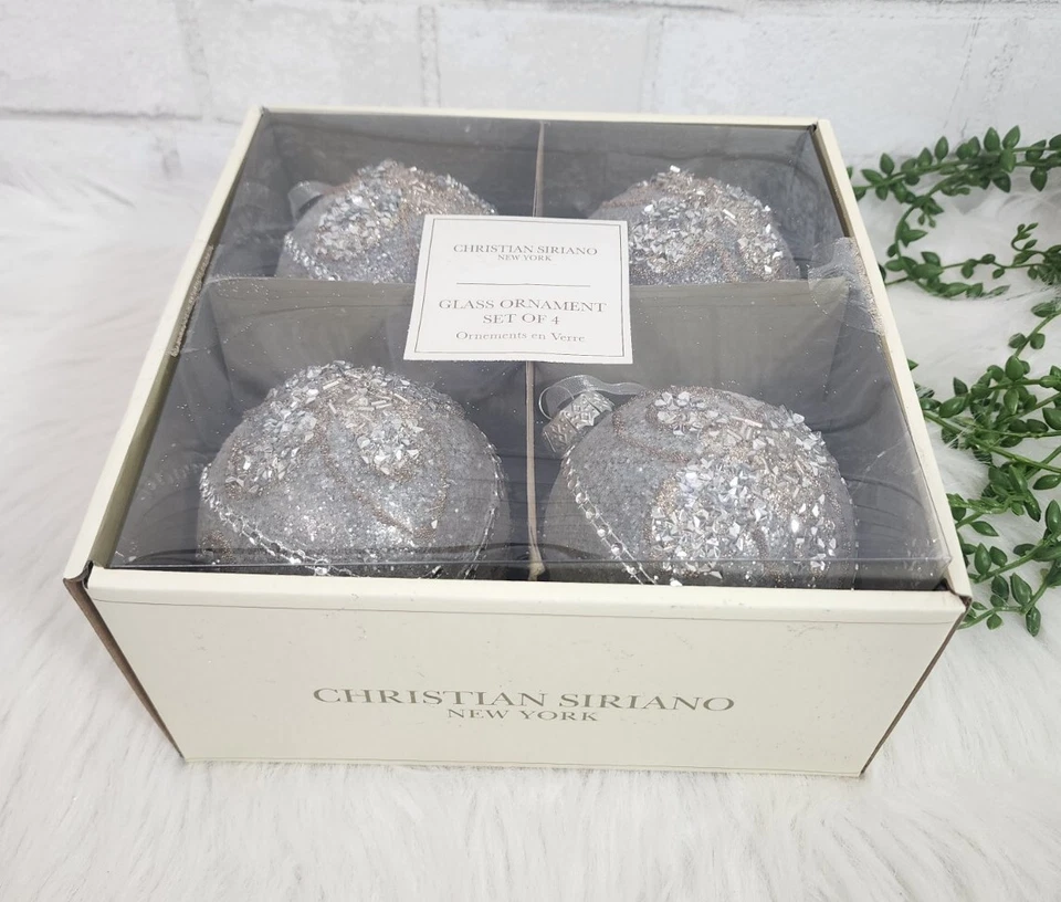 Christian Siriano 银金串珠圣诞装饰品 4 件玻璃球 4 全新 — 第 2/4 张图片