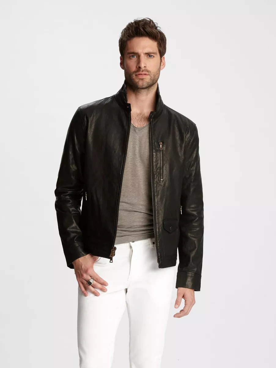 1898 John Varvatos Collection Wire Collar Leather Jacket Black 48 38