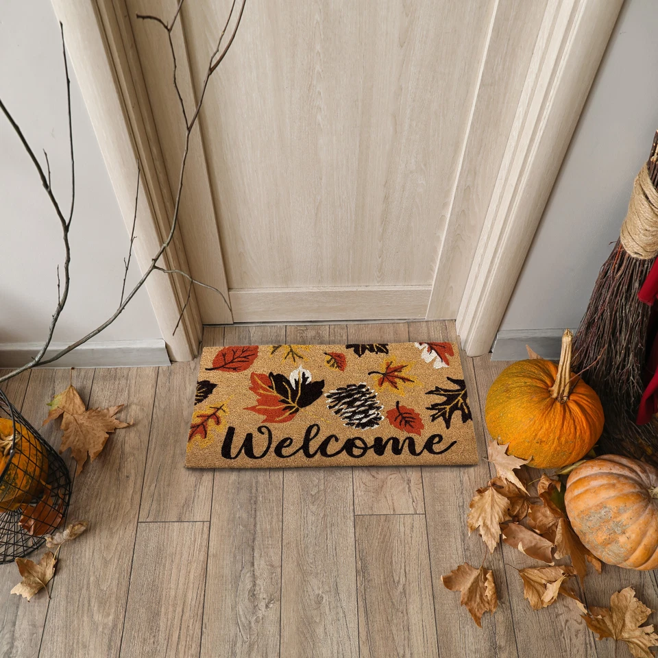 Kate Aurora Fall Autumn Leaves Welcome Coir Outdoor Welcome Mat - 18" X 30" - Image 2 of 3