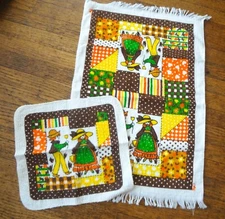 Vintage 70s Sayco Hand Towel and Wash Cloth Boy and Girl Orange Brown Yellow VGC