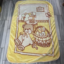 Vintage Baby Toddler Plush Blanket Yellow Teddy Bears Nursery Rare