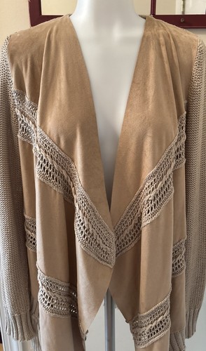 INC Faux Suede Tan Open Front Fringe Hem Knit Cardigan Womens M Western Boho - Picture 2 of 13