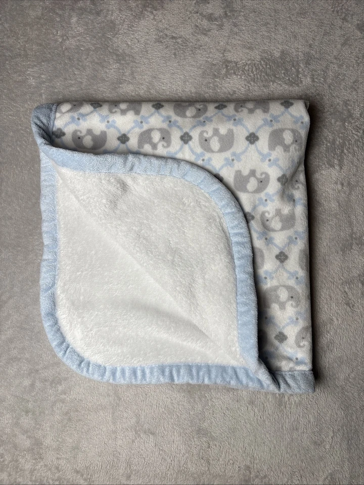 Mantas & Beyond Manta Bebé Gris Elefantes Reversible Blanco Azul Borde Lovey Foto 2 de 4