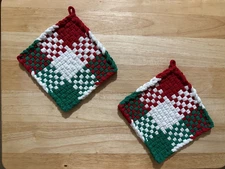 Handmade 2 Cotton Pretty Woven Potholders Christmas Gift Colors Red White Green