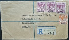 BMA MALAYA 20 DEC 1947 REG. 38c RATE COVER FROM MALACCA TO DENMARK VIA SINGAPORE