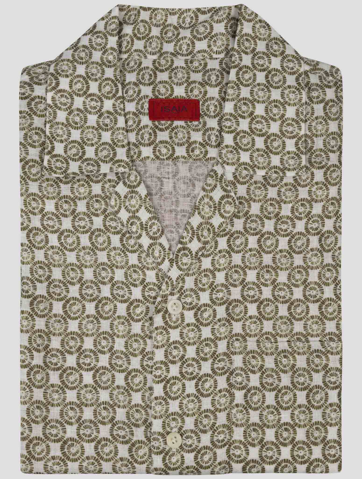 Isaia Зелено-белая льняная рубашка с коротким рукавом YXA233 Мужская