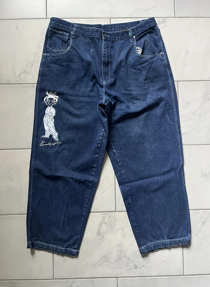 Jeans Brooklyn Xpress Para Hombres 40x32 Azul Suelto Y2K Bordado Gráfico Denim Suelto Foto 2 de 4