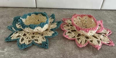 2 Vintage Handmade Crocheted Egg Nut Teacup Saucer Pink Blue Spring Easter