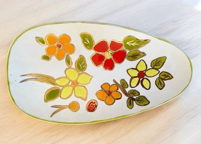 VTG Retro Boho Holland Mold Ceramic Tile Tray Cream Floral Handmade 1963 SEE