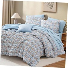 Comforter Set - 7 Pieces Blue Classic Puff Floral Bedding Queen Aster Marigold