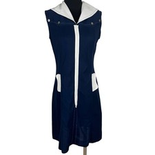 Vintage 60s 70s Mod Nautical Sailor Dress Blue Crimplene Upcycle Sewing Project