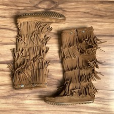 Minnetonka Moccasin Boots Womens 8 Brown Fringe Suede Tall Western Boho Leather