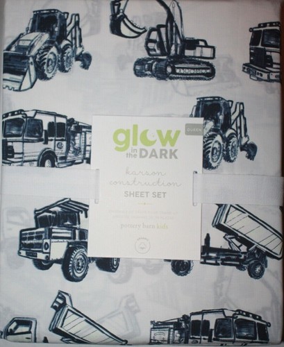 Pottery Barn Kids Karson Construction Glow in the Dark Sheet Set QUEEN 4 PCS