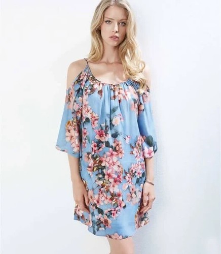 Women's KAREN KANE Blue Floral Fresco Cold Shoulder Viscose Dress Medium