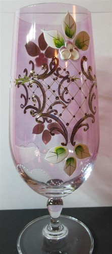 6 elegant purple crystal wine glasses high relief hand painted w inlay flowers - Picture 3 of 5