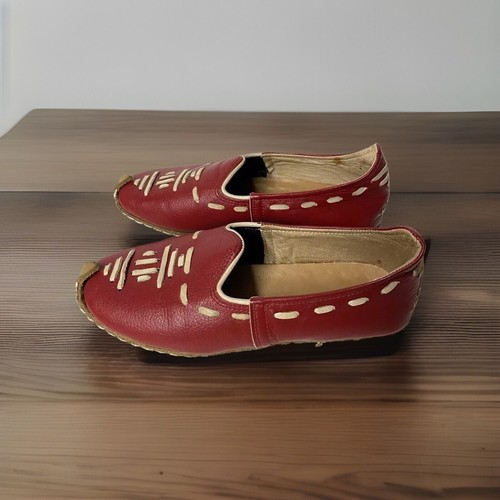 Turkish Red Leather Artisan Handmade Women Aladdin Style Flat Shoes Size 8 - Picture 5 of 10