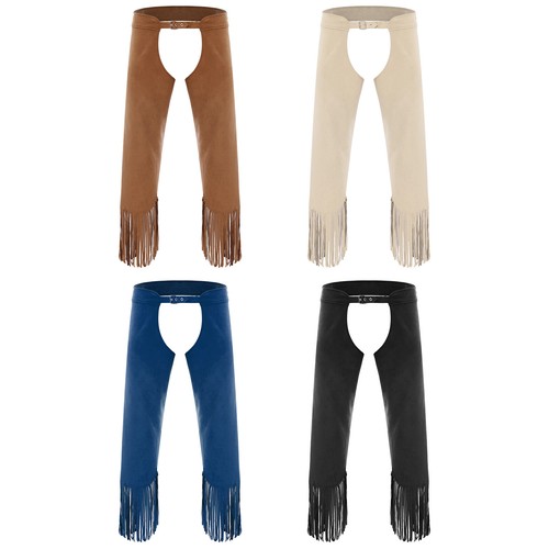 Mens Cowboy Chaps Adjustable Buckles Split Fringe Suede Pants for Themed Cosplay