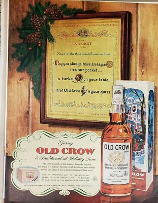 2 Vintage 1956 Old Crow Bourbon Print Ads Ephemera Wall Art Decor A Toast