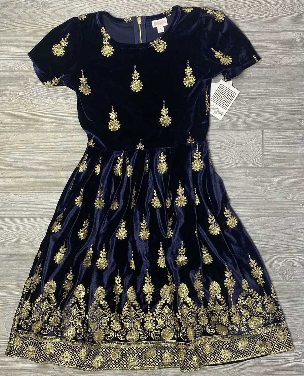 NWT Lularoe Small Elegant Amelia Dress Navy Blue Velvet Gold Ombre Holiday