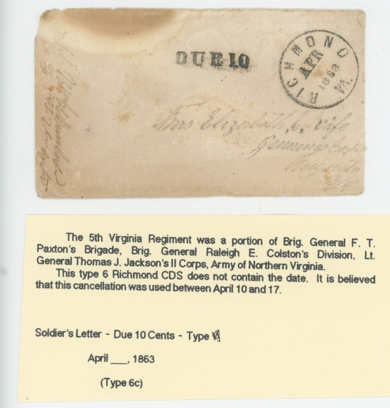 Mr Fancy Cancel CSA STAMPLESS RICHMOND VA DUE 10 5TH VA REGIMENT 1863 COVER