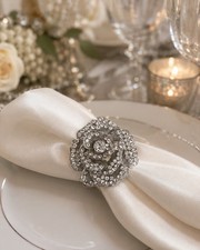 11 Rhinestone Rose Napkin Rings Silver Crystal Flower Wedding Table 2”