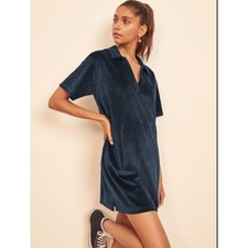 Reformation Jeans Sicily Blue Velour Polo Mini Dress Size Large EUC