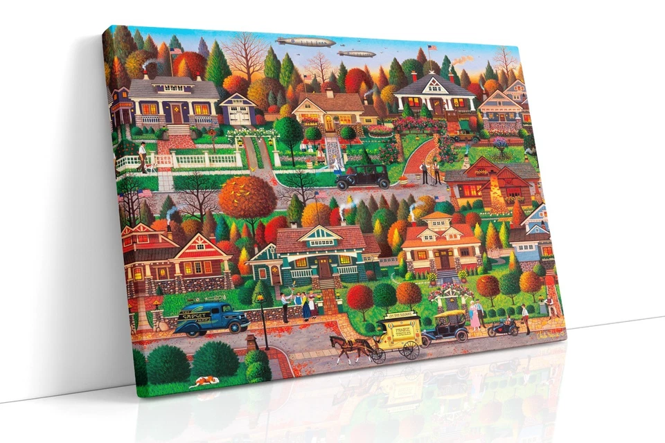 giclée com estampa de arte em tela - travesseiro pôster. Dia do Trabalho em Bungalowville. - Imagem 2 de 4