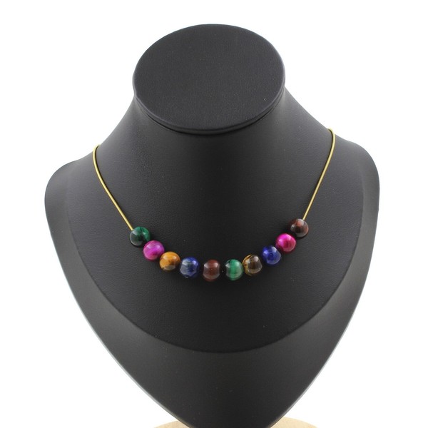 Steine Und Mineralien. Halskette 10 Perlen Tigerauge Multicolor 8 Mm. Kette E-image