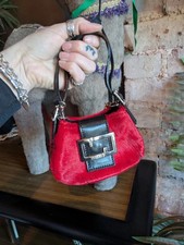 Vintage y2k blackred cecconi micro mini pony fur bag real genuine leather buckle