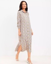 Loft Tuilerie Midi Shirtdress Size 4 Ivory Peach Floral Long Sleeve Silky $110