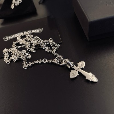 Chrome Hearts Silver Cross Pendant Necklace Beaded Chain Lobster Closure
