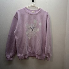 Vtg Morning Sun Purple Cat Kitten Graphic Grandma Sweatshirt Crewneck L 90s