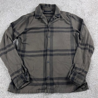 Allsaints Shirt Mens Medium Brown Plaid Anchorage Loop Collar Flannel Button Up