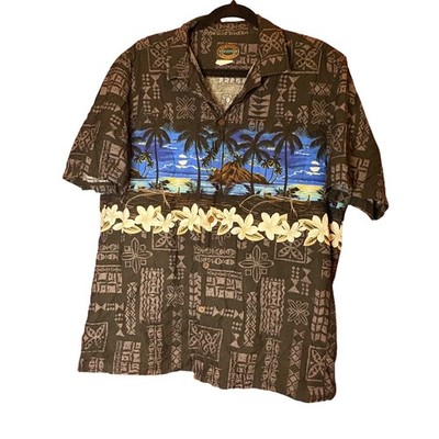 VTG Hawaiian Reserve Collection Mens Aloha Shirt Tropical Palm Tree Beach Scene