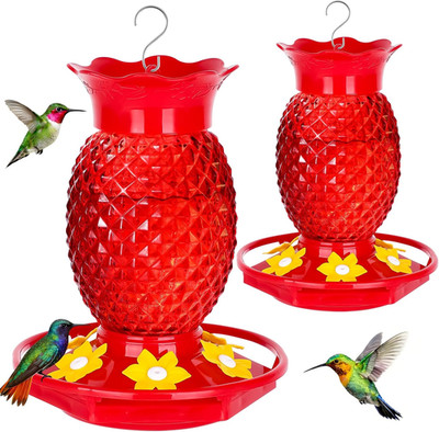 Glass Hummingbird Feeders for Outdoors Hanging 16Oz 2 Pack Red Pineapple Bee & A