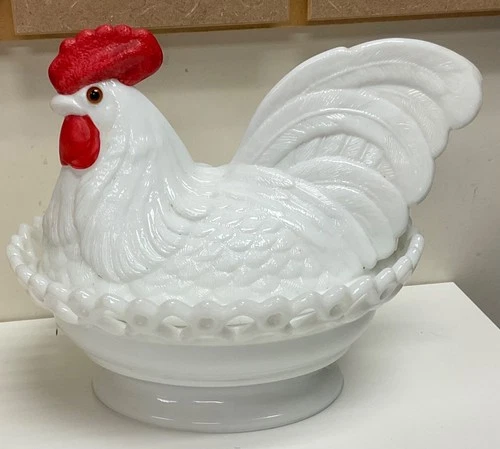 VTG Rare Westmoreland Milk Glass Hen On Nest Dish Reticulated Large Farm Country