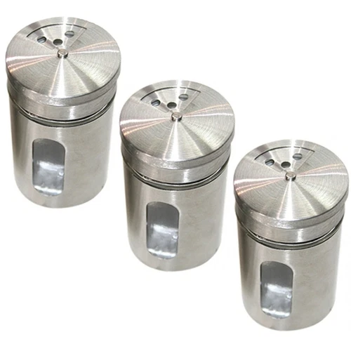 3x Spice Shaker Set Shaker Elegant Glass and Stainless Steel Flavour Containers 8.5x5x5cm