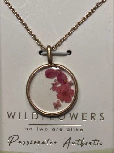 Bella Uno Wildflowers 14K Gold Dipped Necklace Pink Pressed Flowers Jewelry