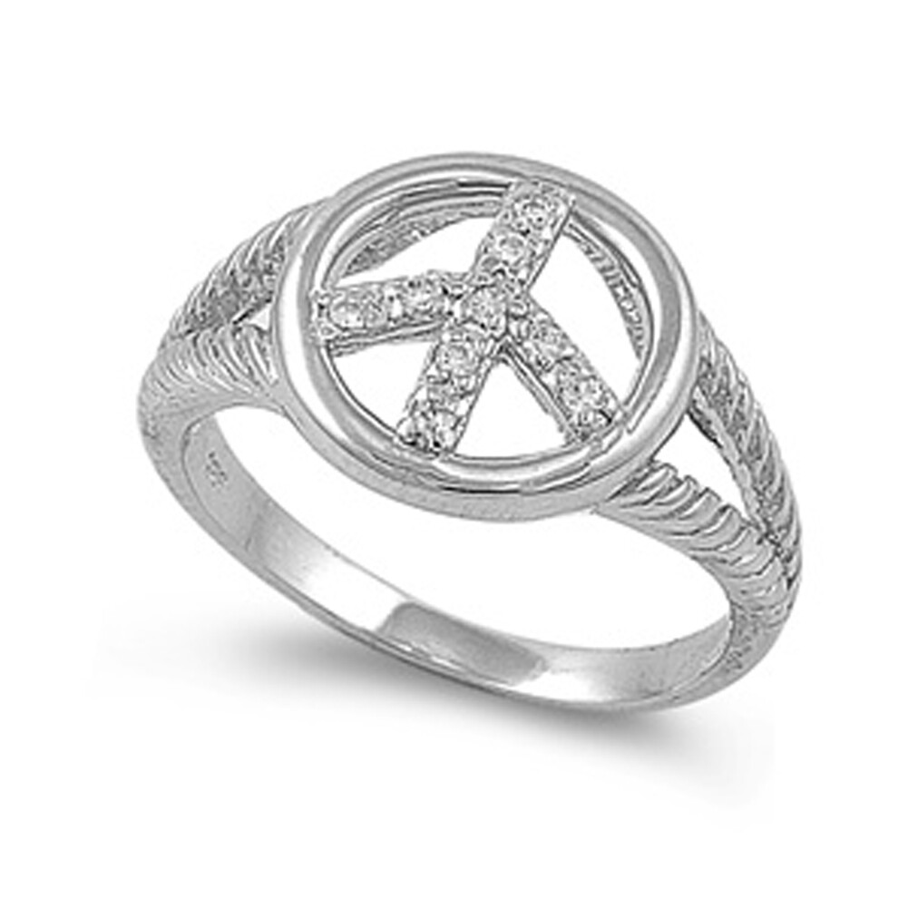 Clear CZ Peace Sign Love Ring .925 Sterling Silver Twisted Rope