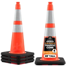 Xpose Safety 28 Inch Orange Slim Line Traffic Cones with 6" & 4" Collars, 4 Pk