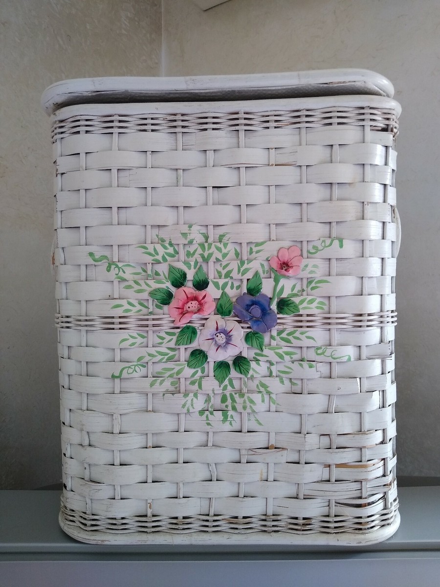 Panier à Linge Vintage En Osier Blanc – Avec Couvercle Et Anses, Motifs Fleuris, 51x40x25 Cm