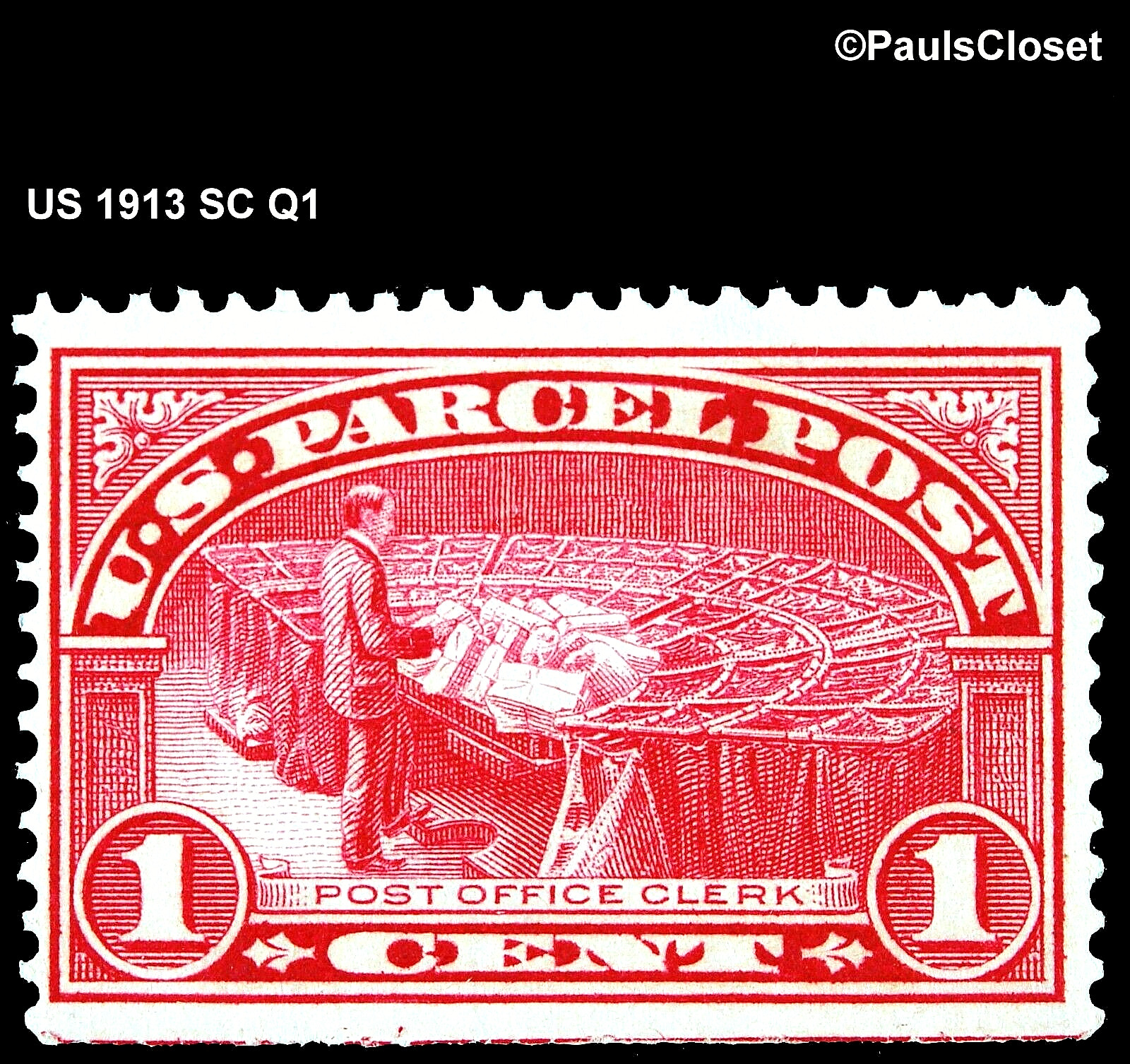 US 1913 SC Q1 POST OFFICE CLERK 1¢ CARMINE ROSE MNH OG P12 FINE/VERY FINE