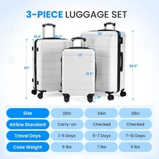 White 3-Piece Set: TSA-Lock Luggage, Double Spinners (20-28")