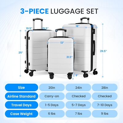 White 3-Piece Set: TSA-Lock Luggage, Double Spinners (20-28