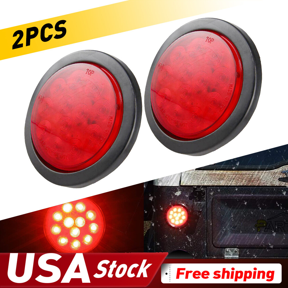 Pair 4-Inch Red LED Round Brake Tail Lights 12V for Truck Trailer