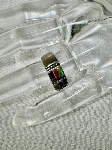STERLING SILVER NATIVE AMERICAN INLAID MULTI GEMSTONE BAND RING SZ 6.5 - Picture 5 of 24