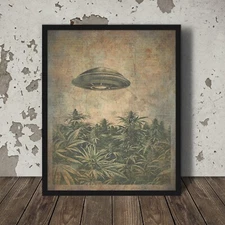 Vintage UFO ALIEN CANNABIS Wall Art, UAP 420 Pothead Poster, Sci-fi Weed Decor
