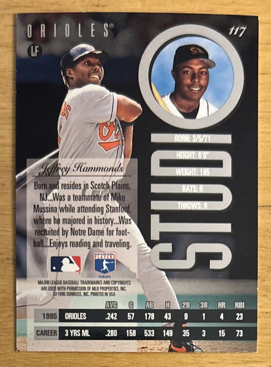 1996 Donruss Leaf Studio Jeffrey Hammonds ￼Baseball Card #117 Orioles OF VG - Image 2 of 2