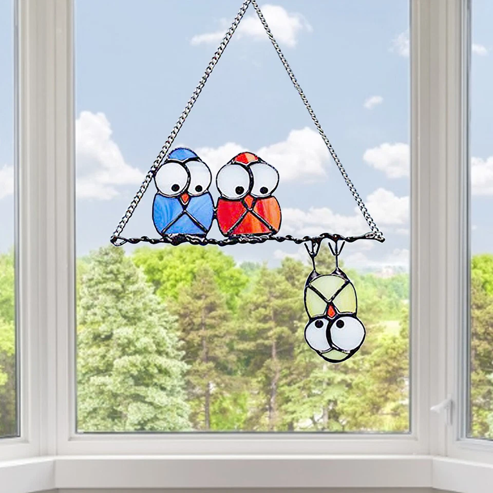 Stained Cartoon Bird Metal Glass Panel Bird Window Suncatcher Hanging Home Decor - Image 2 of 4