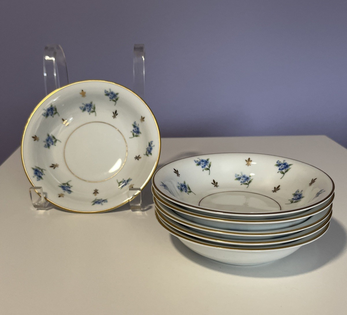 Set of 6 Noritake Remembrance Blue Flowers Gold Trim Fruit Berry Bowl Bowls 5.5